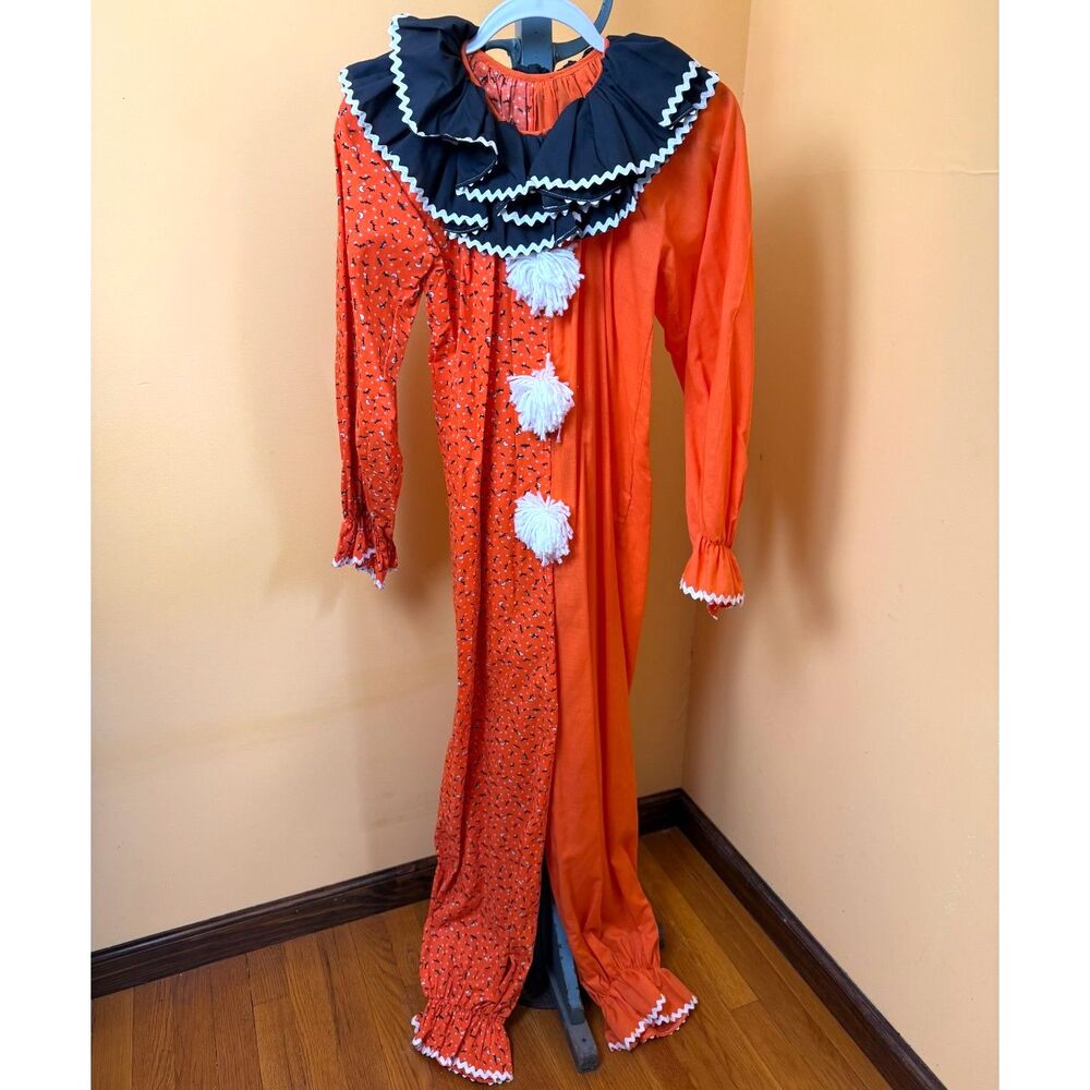 Vtg 70s 80s Handmade Clown Costume Halloween Jumpsuit Bats Orange Pom Pom Ruffle